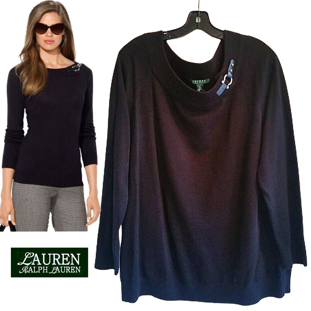 LAUREN RALPH LAUREN NEW Faux Leather Buckle 3/4 Sleeve Sweater 3X